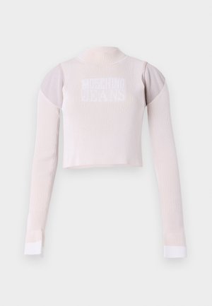 Lys rosa stripet crop top med lange ermer, med utskårne skuldre og hvit "MOTHER JEANS" tekst over fronten.