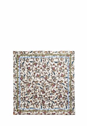 Square scarf with intricate floral and feather patterns in red, blue, and gold on a white background with decorative borders.