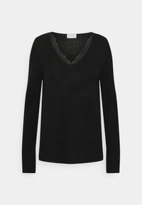 Svart långärmad stickad tröja med V-ringning, prydd med delikat spetskant längs halslinningen, från märket Vila.