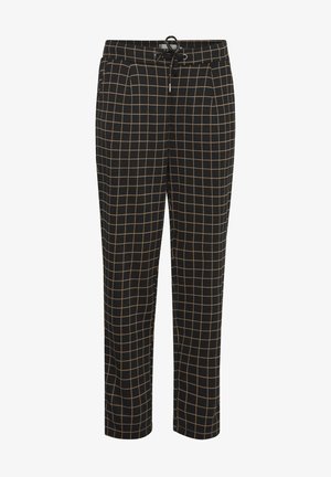 Pantaloni negri cu un model în carouri de culoare maro. Dispun de un elastic la talie și un șnur de ajustare. Materialul pare moale și ușor texturat.