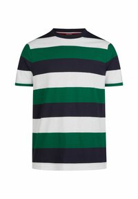 T-shirt à manches courtes avec des rayures horizontales en vert, bleu marine et blanc. Col rond, en coton, coupe décontractée, texture douce.