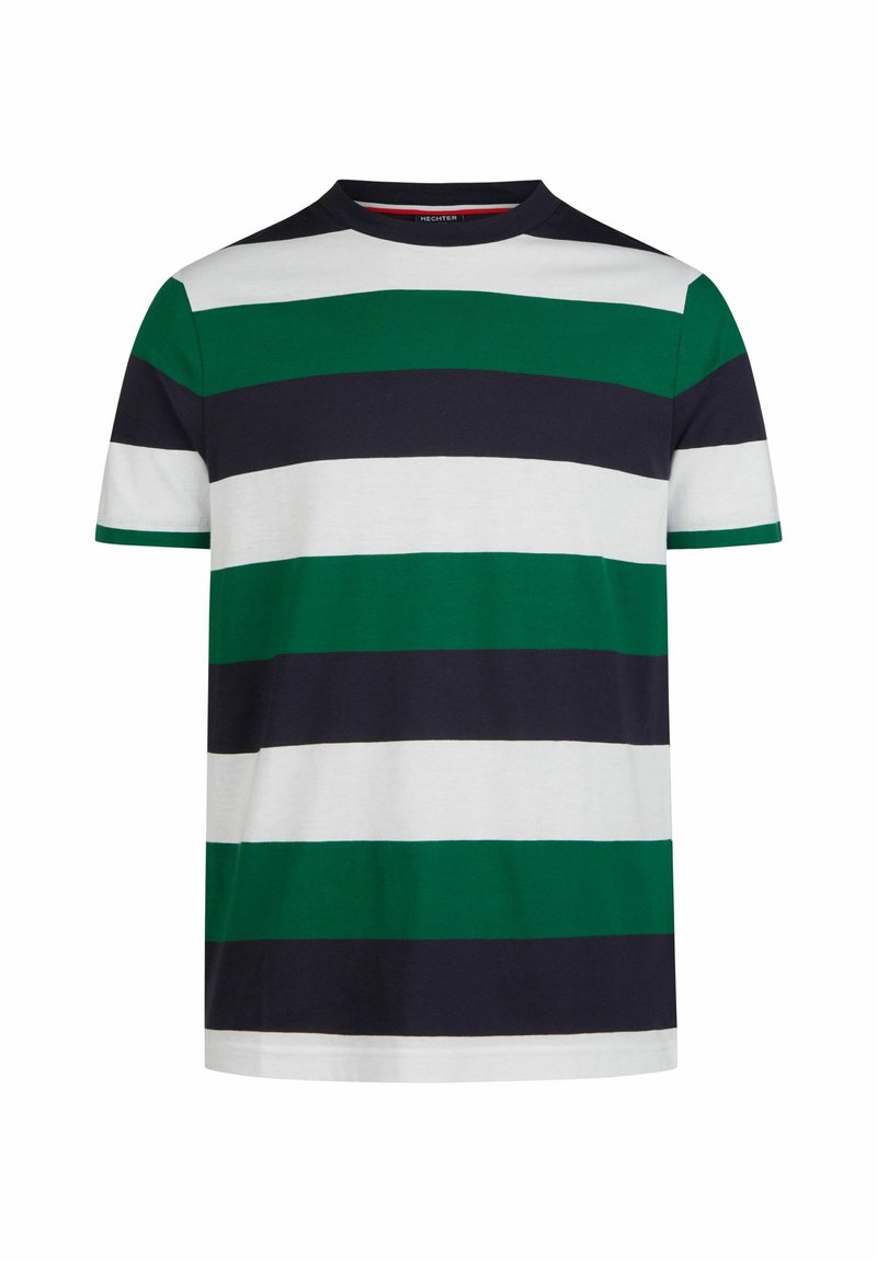 T-shirt à manches courtes avec des rayures horizontales en vert, bleu marine et blanc. Col rond, en coton, coupe décontractée, texture douce.