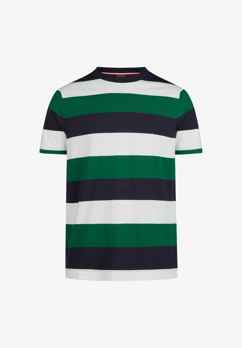 Korte mouw T-shirt met horizontale strepen in groen, marineblauw en wit. Ronde hals, gemaakt van katoen, relaxte pasvorm, zachte textuur.