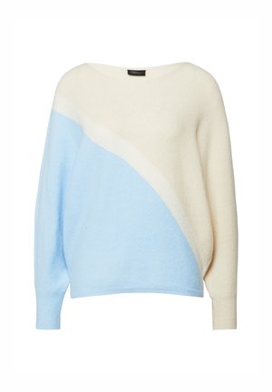 Pull léger en crème et bleu clair avec un motif diagonal. Il présente un col large et des manches longues. Tissu doux et texturé.