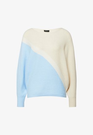 Lekki sweter w kremowym i jasnoniebieskim kolorze z diagonalnym wzorem. Posiada szeroki dekolt i długie rękawy. Miękka, teksturowana tkanina.