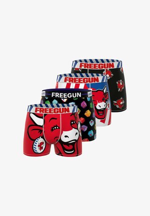 Quatre paires de boxers colorés pour hommes affichant des motifs amusants de vaches, des couleurs vives et différents motifs ; la ceinture porte l'inscription "FREEGUN."