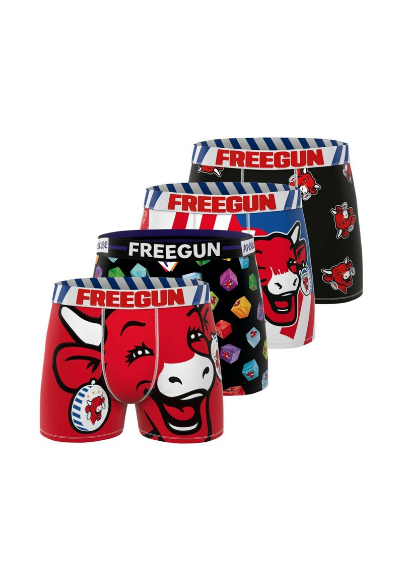 Quatre paires de boxers colorés pour hommes affichant des motifs amusants de vaches, des couleurs vives et différents motifs ; la ceinture porte l'inscription "FREEGUN."