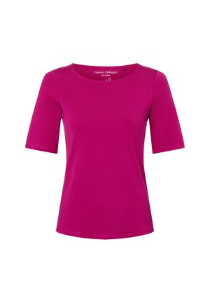 Fuchsia Baumwoll-T-Shirt mit kurzen Ärmeln und rundem Ausschnitt. Einfaches Design mit glatter Textur und ohne sichtbare Muster oder Akzente.