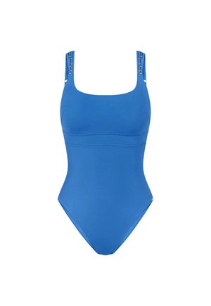 Blue one-piece swimsuit with square neckline and decorated wide shoulder straps, seamless design with subtle tummy shaping bands.