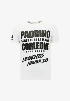 Wit T-shirt met dikke zwarte tekst: "Padrino General de la Mafia Corleone Local Fanatic Legends Never Die."