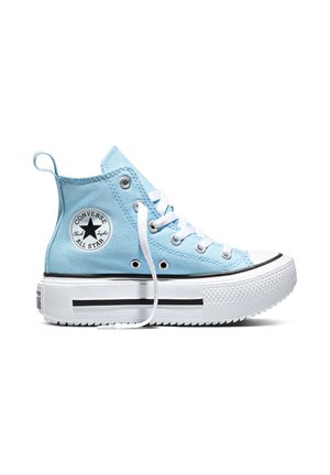 Zapatilla Converse de caña alta color azul claro con suela de goma blanca, franja negra, cordones blancos y parche visible con el logo de Converse All Star en el lateral.