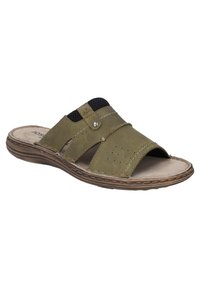 Manslide sandal, olivgrön läder med nätpaneler, rundad tå, perforerade detaljer, tan gummisulor och sydda detaljer.