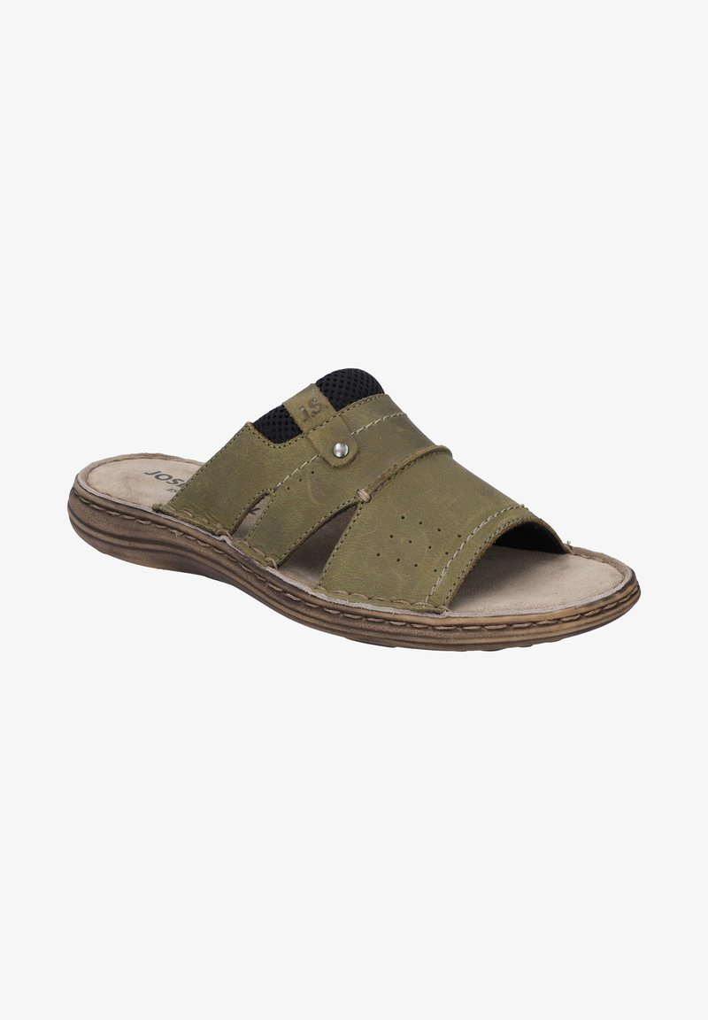 Heren slide sandalen, olijfgroen leer met gaaspanelen, gebogen teen, geperforeerde accenten, tan rubberen zool en stikseldetails.