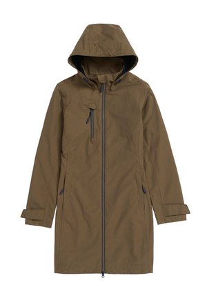 Geacă impermeabilă maro cu glugă, fermoar frontal, manșete reglabile și buzunare laterale. Prezintă o textură netedă și accente contrastante bleumarin.