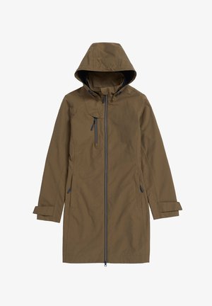 Pruun veekindel jakk kapuutsiga, ees tõmblukk, reguleeritavad mansetid ja küljetaskud. Omaduseks ühtlane tekstuur ja kontrastsed tumesinised detailid.