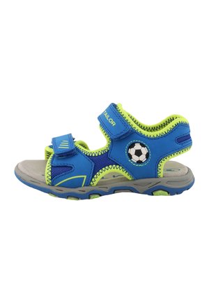 Sandalias azules y verdes con diseño de balón de fútbol, correas ajustables, plantilla texturizada y suela de goma duradera para tracción.