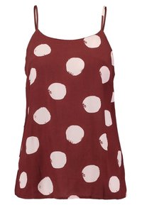 Top borgogna senza maniche con motivi circolari bianchi, realizzato in tessuto leggero, caratterizzato da spalline sottili e un design ampio e fluido.