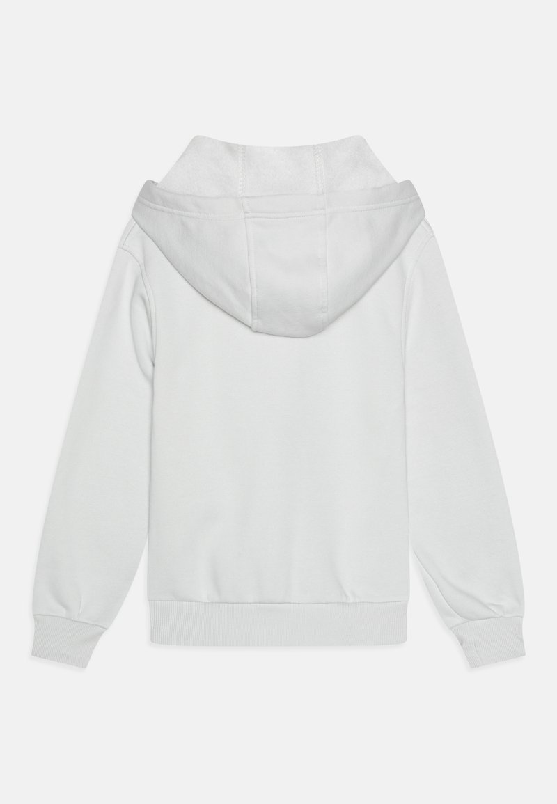 Sweatshirt à capuche blanche, en tissu doux, coupe décontractée, poignets et ourlet côtelés, vue arrière montrant des coutures détaillées et la doublure de la capuche.