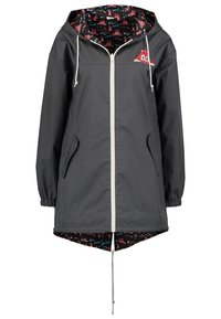 Lekka, szara wodoodporna kurtka z białym zamkiem, dwoma kieszeniami i kolorowym, wzorzystym wnętrzem z motywami zwierząt i kształtów.