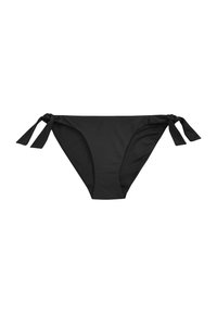 Črne bikini hlačke z nastavljivimi trakovih na vsaki strani, ki se ponašajo z gladko teksturo in preprostim, brezšivnim dizajnom.