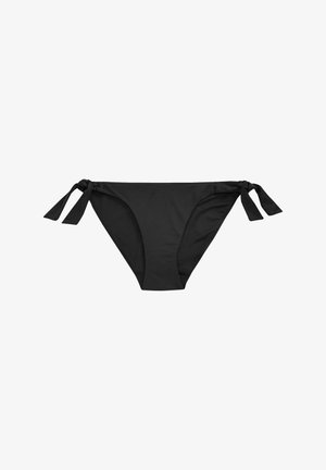 Slipuri negre de bikini cu legături ajustabile pe fiecare parte, având o textură netedă și un design simplu, fără cusături.