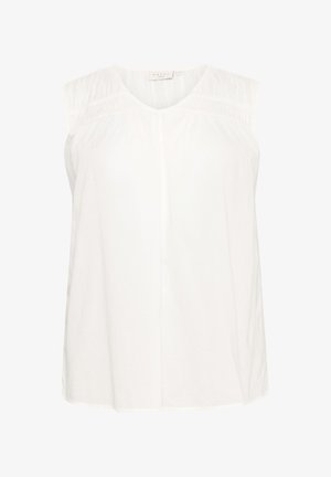 Ärmelloses weißes Oberteil mit V-Ausschnitt, das eine geraffte Nahtdetails an den Schultern und einen lockeren, geraden Schnitt aufweist. Weicher Stoff.