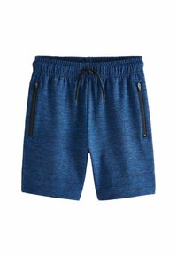 Shorts de sport bleus en tissu texturé, avec une taille élastique, un cordon de serrage et deux poches latérales zippées.