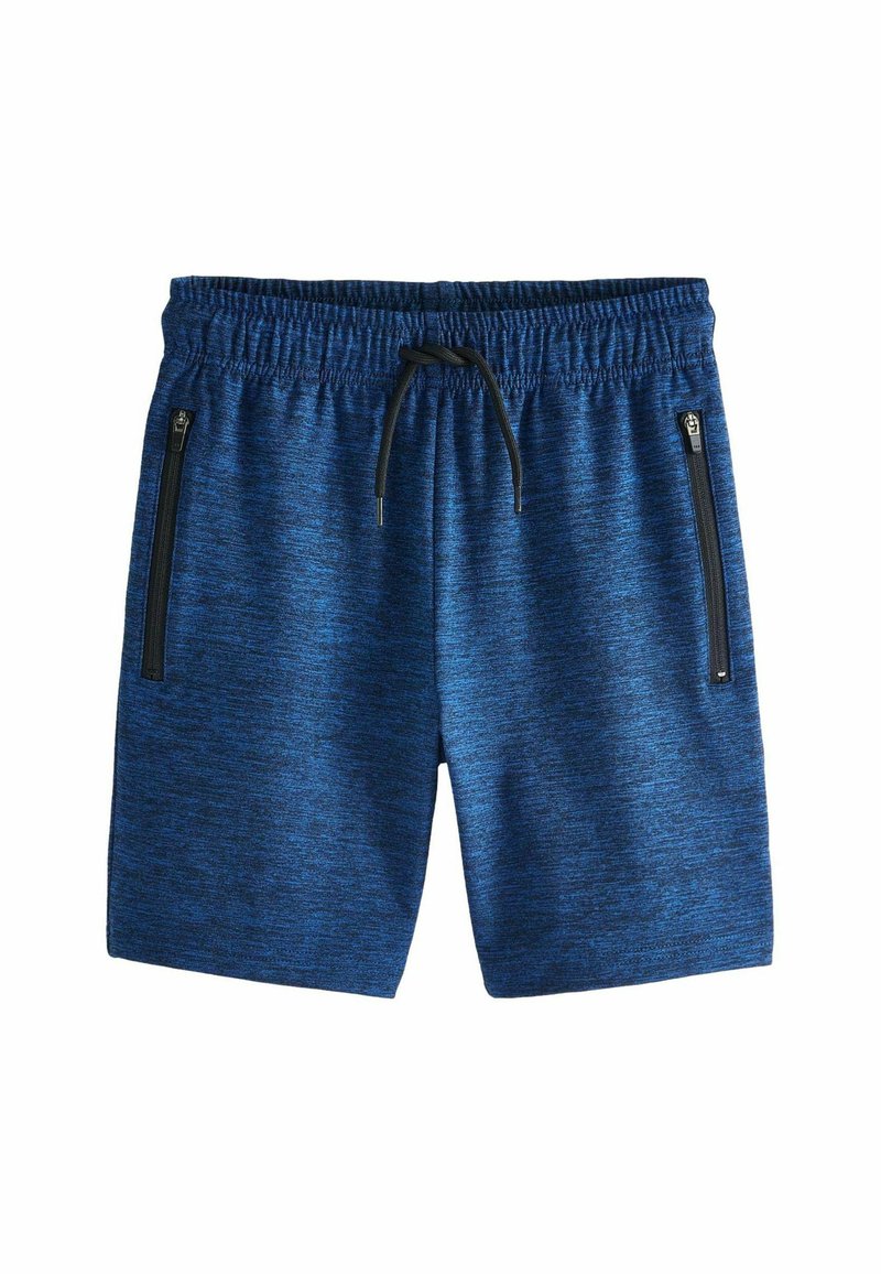 Shorts de sport bleus en tissu texturé, avec une taille élastique, un cordon de serrage et deux poches latérales zippées.