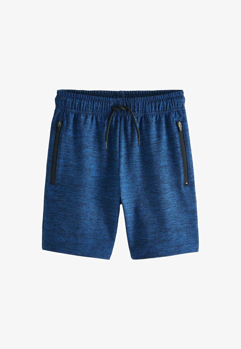 Blaue Sportshorts aus strukturiertem Stoff, mit einem elastischen Bund, einem Kordelzug und zwei seitlichen Reißverschlusstaschen.