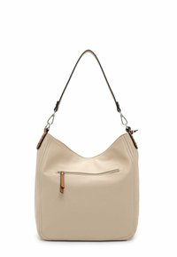 Bolso de hombro de piel beige con forma hobo, acabado texturizado, detalles de piel marrón y un bolsillo con cremallera en la parte frontal. Incluye una correa ajustable.