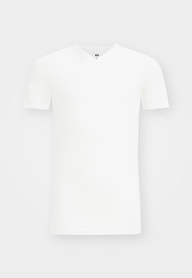 Bílý krátký rukáv tričko s výstřihem do V, vyrobené z měkké tkaniny, s jednoduchou a čistou barvou bez vzorů nebo ozdob.