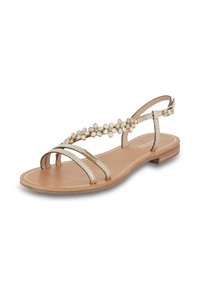 Gouden en beige sandaal met meerdere banden, bloemversieringen en een vlakken houten zool. Verstelbare enkelband voor de juiste pasvorm.