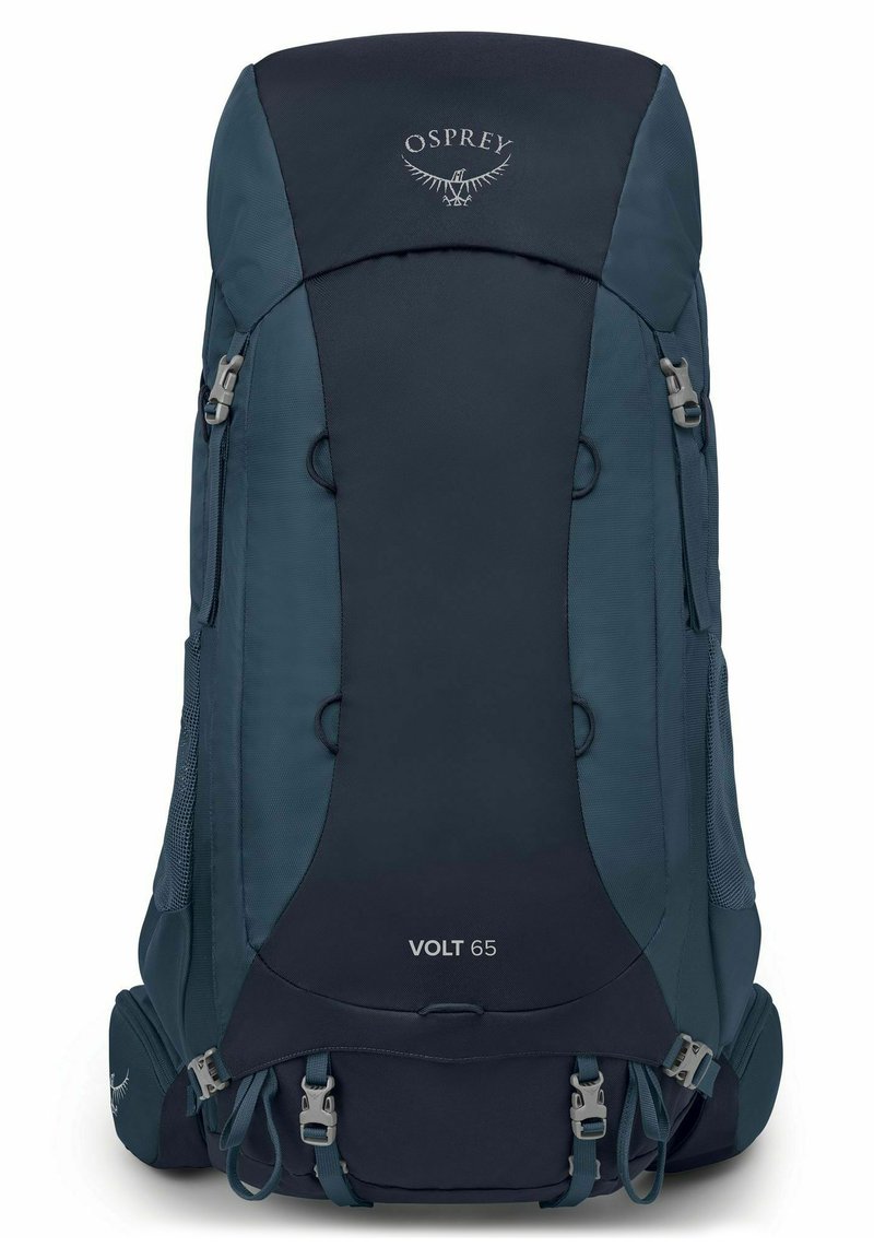 Mochila Osprey Volt 65 en azul marino, con tejido duradero, múltiples compartimentos, correas ajustables y bolsillos laterales de malla.