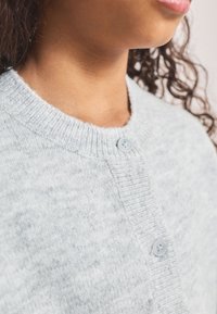 Cardigan in maglia grigio chiaro con scollo rotondo, polsini a costine e chiusura con bottoni, dalla texture liscia.