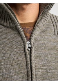 Reißverschluss-Pullover aus Wollmaterial in gedämpftem Grün, mit einem gerippten Kragen, strukturiertem Strickmuster und einem silbernen Reißverschluss mit einem Marken-Zipper.