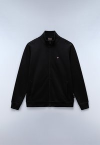 Schwarze Zip-Jacke mit hohem Kragen, zwei seitlichen Taschen und kleinem Logo. Glatte Textur und taillierte Silhouette, mit gerippten Bündchen und Saum.