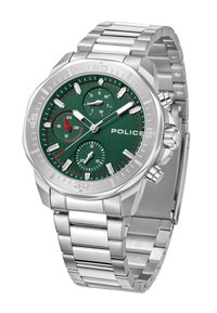 Orologio in acciaio inossidabile argento con quadrante verde, tre sottoquadranti, indici delle ore argentati e accenti rossi. Presenta un design di bracciale a maglie.