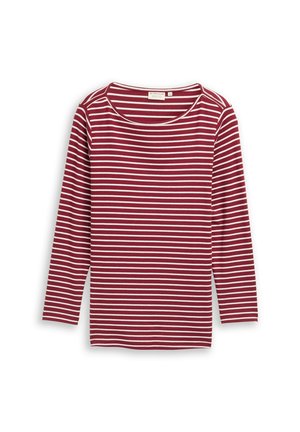 Rood en witte horizontaal gestreepte lange mouwen shirt met ronde hals, plat gelegd op een witte achtergrond.