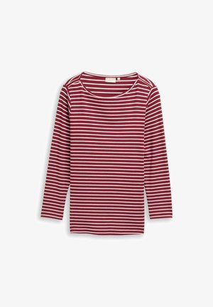 Rood en witte horizontaal gestreepte lange mouwen shirt met ronde hals, plat gelegd op een witte achtergrond.