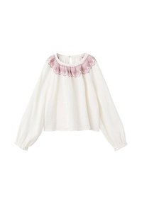 White, textured blouse with long sleeves and a gathered neckline, featuring a pink embroidered design at the collar.