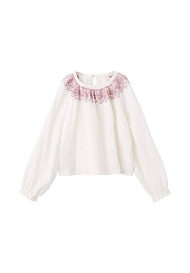 White, textured blouse with long sleeves and a gathered neckline, featuring a pink embroidered design at the collar.