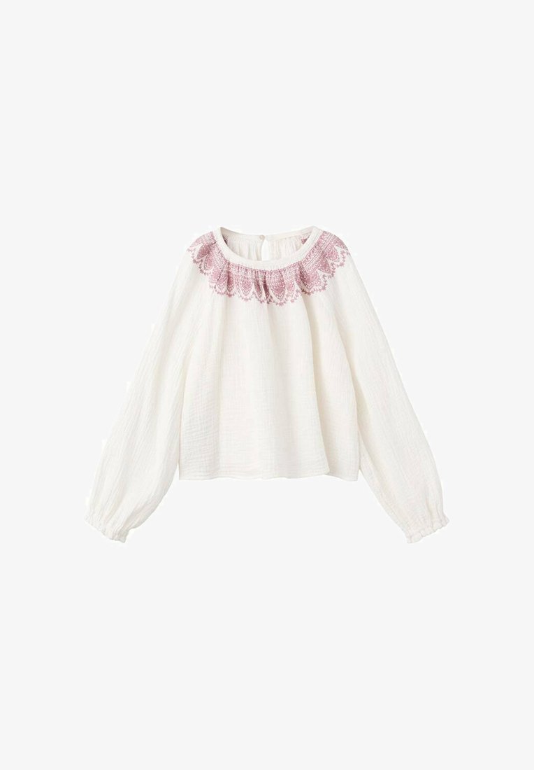 White, textured blouse with long sleeves and a gathered neckline, featuring a pink embroidered design at the collar.