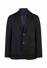 Zwarte blazer met een gladde textuur, twee knopen en een geprononceerde voering met rits. Heeft twee grote voorzakken en een borstzak.