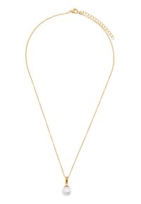 Collana in oro con pendente a forma di perla bianca rotonda, texture liscia e delicati link con chiusura regolabile.