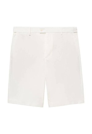 Hvide shorts lavet af glat stof, med knaplukning, bæltesløjfer og to sidelommer. Simpelt design og knælængde.