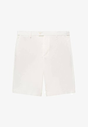 Białe szorty wykonane z gładkiego materiału, z zapięciem na guzik, szlufkami na pasek i dwoma bocznymi kieszeniami. Prosty fason i długość do kolan.