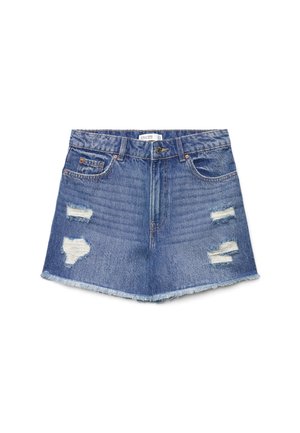 Shorts di jeans blu a vita alta con orlo sfrangiato e zone usurate sulla parte anteriore, dotati di chiusura con bottoni e design a cinque tasche.