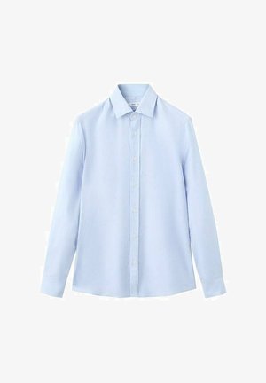 Lichtblauw overhemd met lange mouwen, voorzien van een button-down kraag, een voorkant met knopen en een gladde, geweven textuur. Kenmerkt zich door standaardknopen overal.
