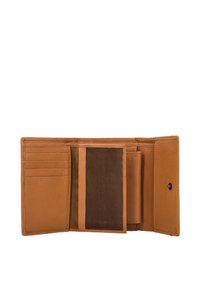 Skórzany portfel w kolorze brązowym z wieloma slotami na karty, brązowym siateczkowym sekcją oraz przegródką na monety. Posiada kontrastowe przeszycia i zapięcie na zatrzask.