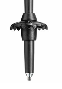 Black pen with a textured grip and star-shaped base, featuring a silver tip for writing. Simple, streamlined design.